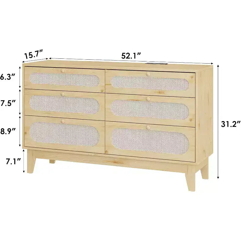 Cómoda de 6 cajones grandes de ratán, con puertos USB y tomas de corriente, 6 cajones de almacenamiento para dormitorio, sala de estar, pasillo, roble