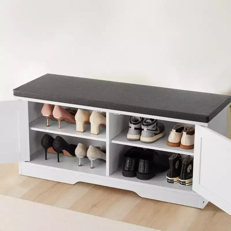 Banco de almacenamiento de zapatos VEVOR, organizador de zapatos de 100 x 35,5 x 46 cm con cojín acolchado, banco de entrada con 2 puertas de granero, marrón