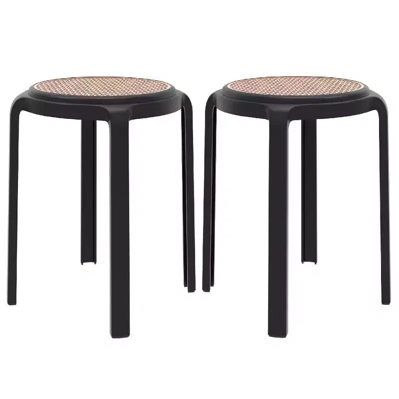 LeisureMod Tresse Stackable Dining Stool  Mid-Century Modern Round Backless Wicker-Top Seat Indoor Outdoor Use for Kitchen, Patio, Garden Set of 2