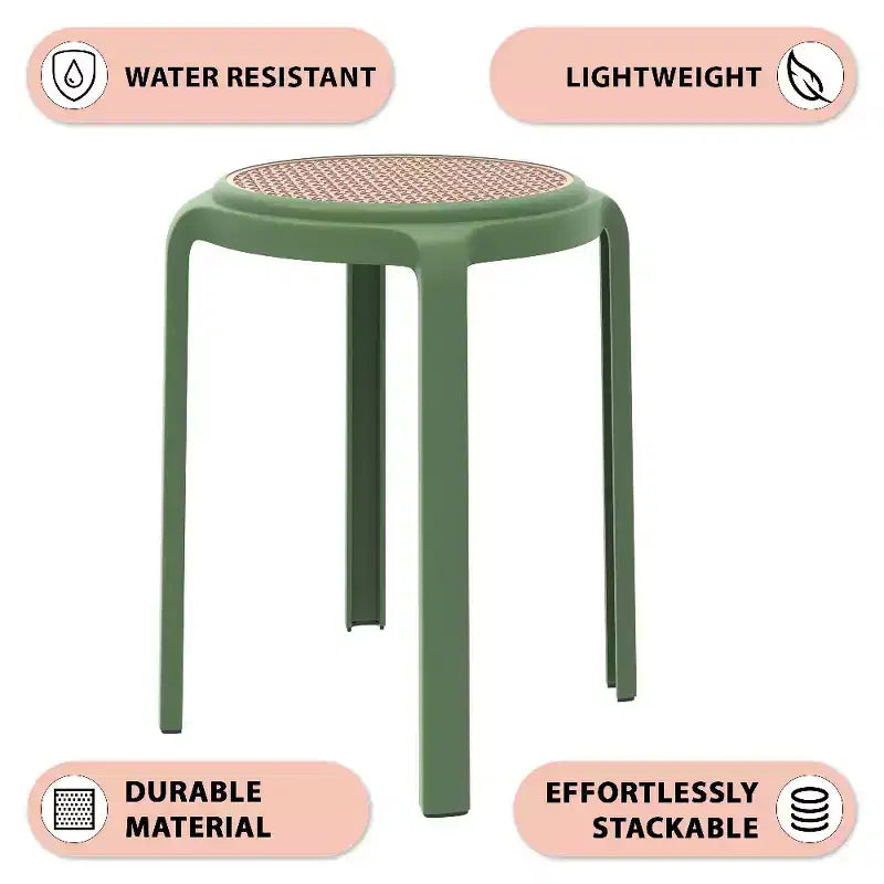 Taburete de comedor apilable LeisureMod Tresse, asiento redondo sin respaldo de mimbre estilo moderno de mediados de siglo, uso interior y exterior para cocina, patio, jardín, juego de 2