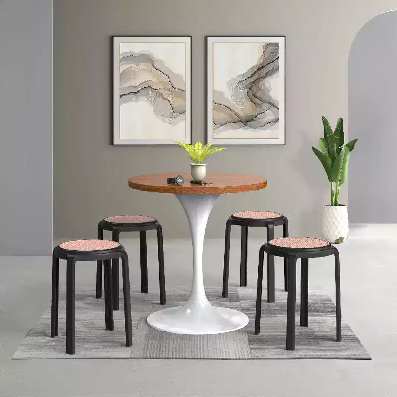 Taburete de comedor apilable LeisureMod Tresse, asiento redondo sin respaldo de mimbre estilo moderno de mediados de siglo, uso interior y exterior para cocina, patio, jardín, juego de 2