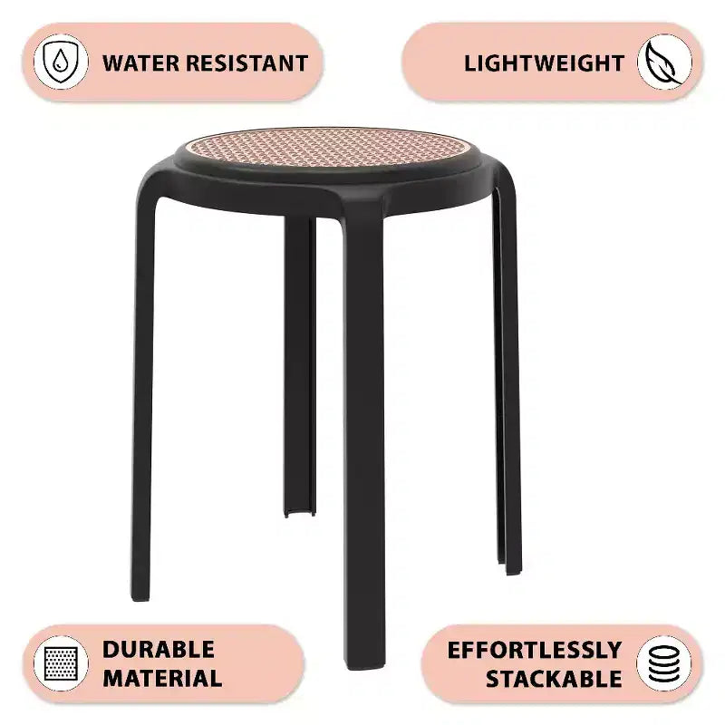 Taburete de comedor apilable LeisureMod Tresse, asiento redondo sin respaldo de mimbre estilo moderno de mediados de siglo, uso interior y exterior para cocina, patio, jardín, juego de 2