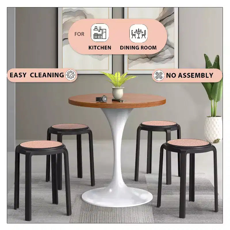 Taburete de comedor apilable LeisureMod Tresse, asiento redondo sin respaldo de mimbre estilo moderno de mediados de siglo, uso interior y exterior para cocina, patio, jardín, juego de 2
