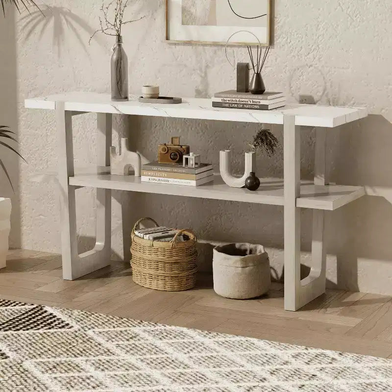 MAYEERTY Mesa de consola con parte superior efecto mármol y estante abierto para pasillo sala de estar, gris