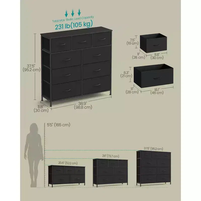 Cómoda de almacenamiento de 9 cajones - Organizador con marco de acero y cajones de tela no tejida, multiusos para dormitorio, oficina