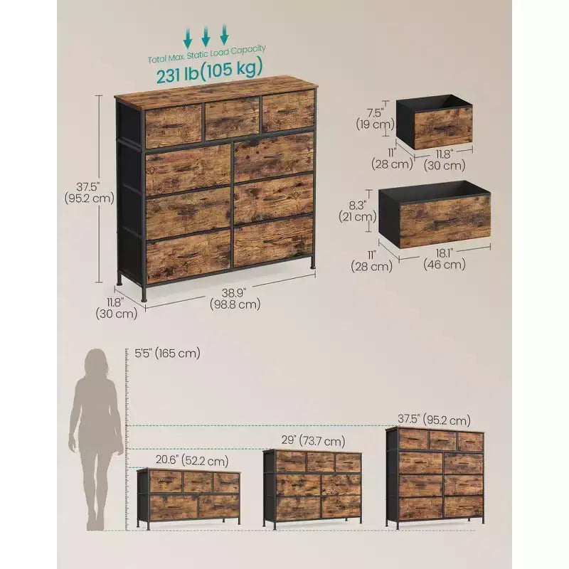 Cómoda de almacenamiento de 9 cajones - Organizador con marco de acero y cajones de tela no tejida, multiusos para dormitorio, oficina