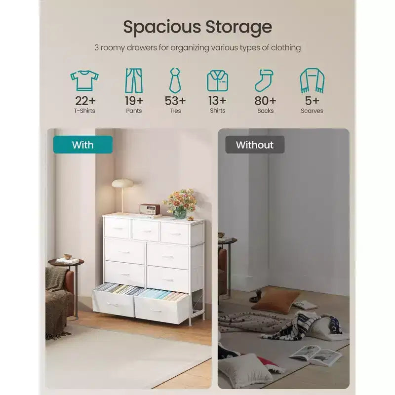 Cómoda de almacenamiento de 9 cajones - Organizador con marco de acero y cajones de tela no tejida, multiusos para dormitorio, oficina