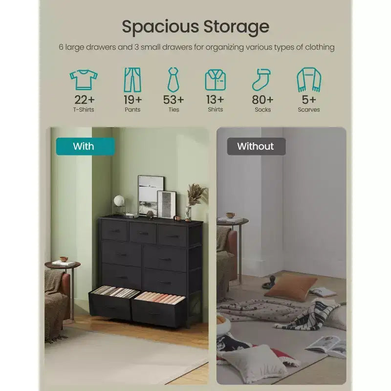 Cómoda de almacenamiento de 9 cajones - Organizador con marco de acero y cajones de tela no tejida, multiusos para dormitorio, oficina