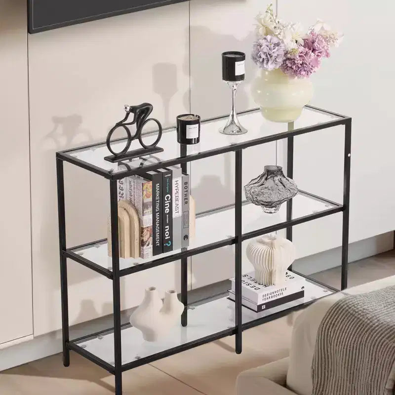 VEVOR Mesa Consola de Cristal de 3 Niveles, Mesa Auxiliar de Sofá Rectangular Moderna con Cubierta de Vidrio Templado y Patas de Hierro, Escritorio Consola Dorado, Negro