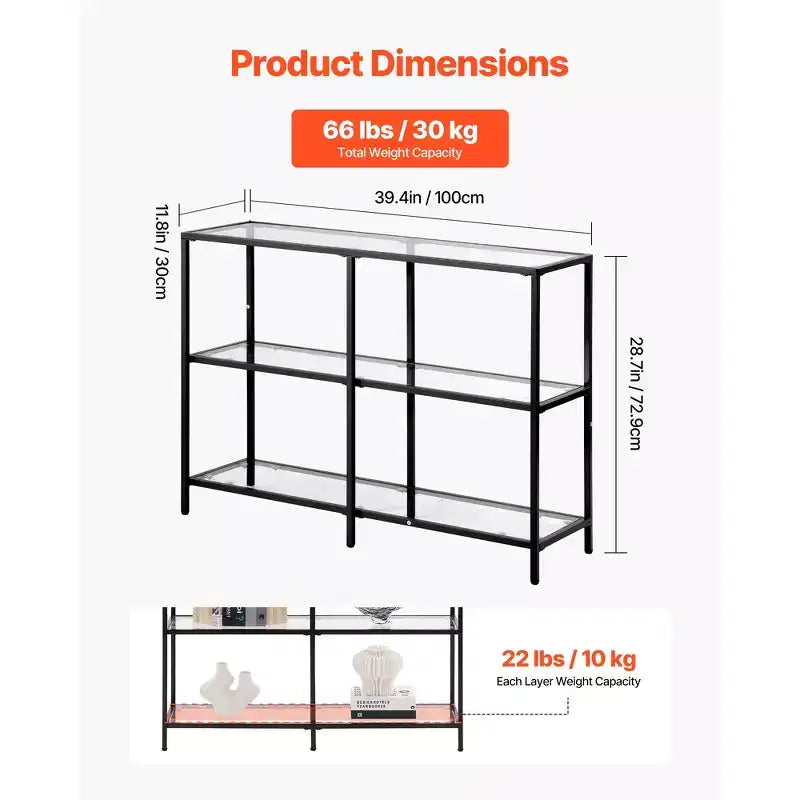 VEVOR Mesa Consola de Cristal de 3 Niveles, Mesa Auxiliar de Sofá Rectangular Moderna con Cubierta de Vidrio Templado y Patas de Hierro, Escritorio Consola Dorado, Negro