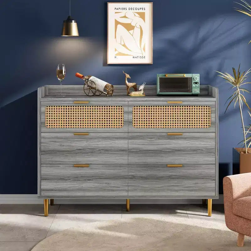 TROPOW Cómoda para TV con borde elevado, cómoda doble de 6 cajones, cómoda de armario moderna de mediados de siglo dorada con patas altas, diseño de ratán, grande
