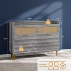 TROPOW Cómoda para TV con borde elevado, cómoda doble de 6 cajones, cómoda de armario moderna de mediados de siglo dorada con patas altas, diseño de ratán, grande