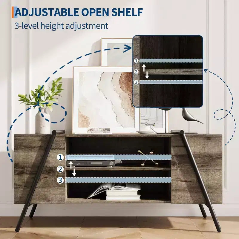 Mueble de TV para televisores de 50 a 55 pulgadas, centro de entretenimiento moderno de mediados de siglo con almacenamiento, estantes ajustables y patas de metal en forma de U.