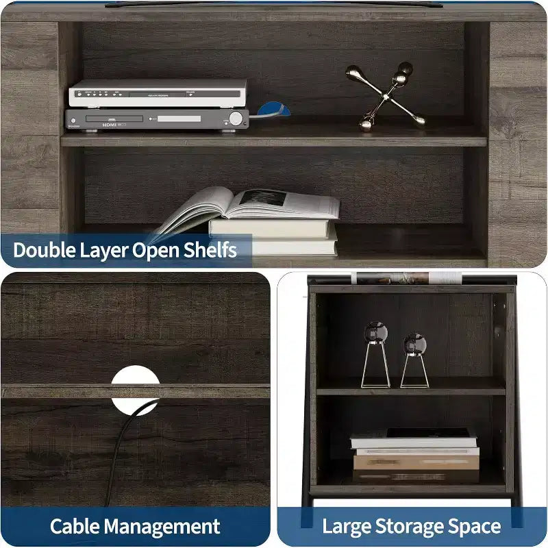 Mueble de TV para televisores de 50 a 55 pulgadas, centro de entretenimiento moderno de mediados de siglo con almacenamiento, estantes ajustables y patas de metal en forma de U.