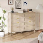 Cómoda de ratán de 8 cajones - Cofre de almacenamiento estilo casa de campo con tiradores dorados para dormitorio y sala de estar