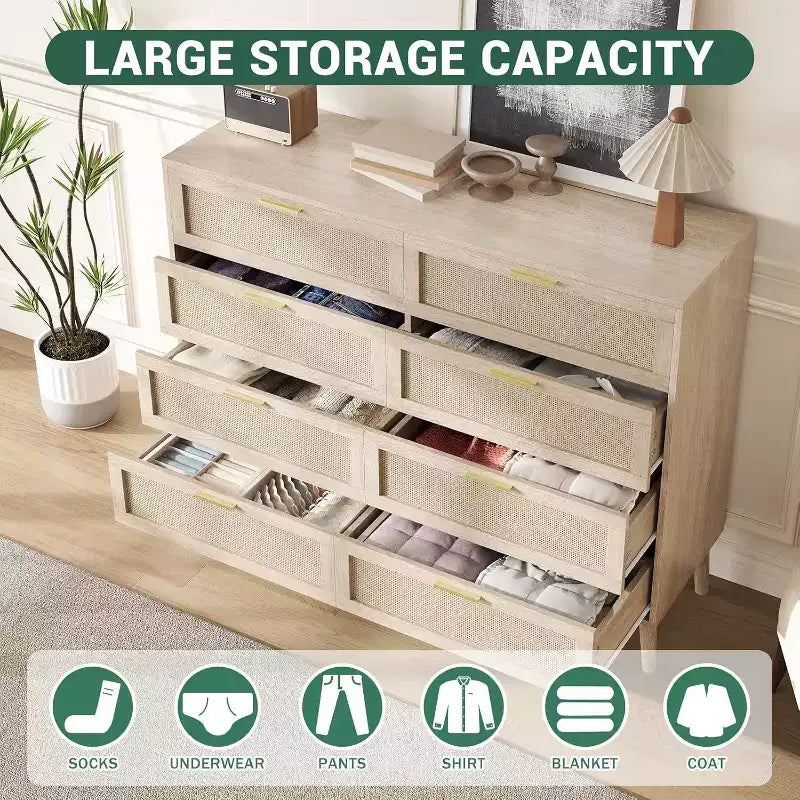 Cómoda de ratán de 8 cajones - Cofre de almacenamiento estilo casa de campo con tiradores dorados para dormitorio y sala de estar