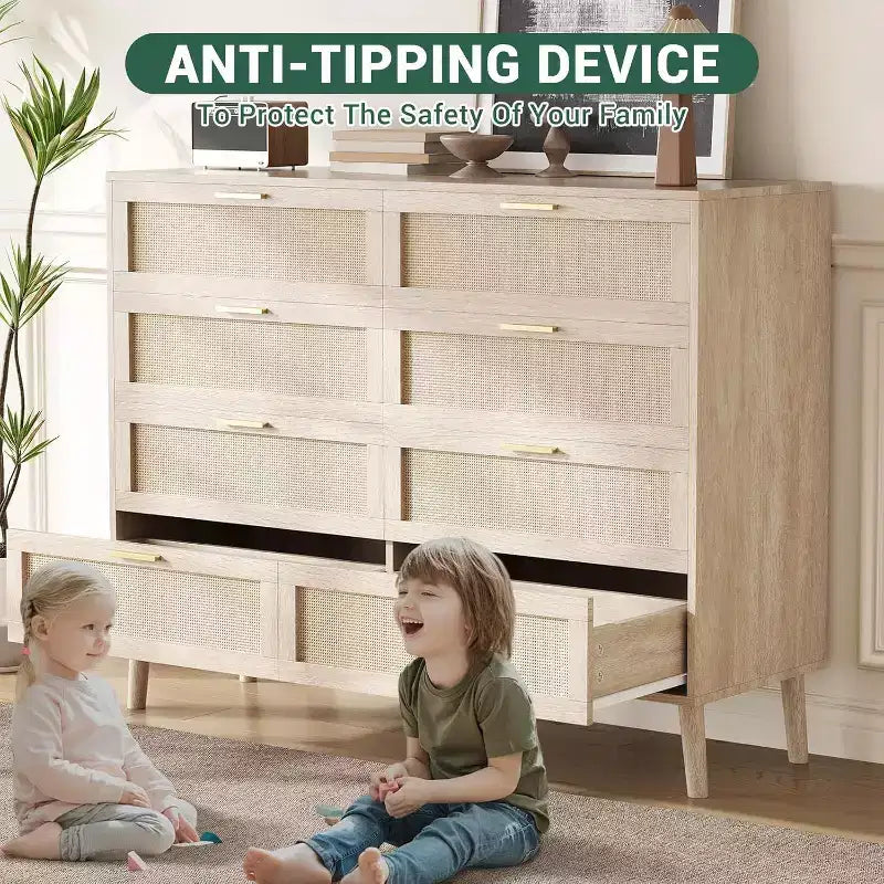 Cómoda de ratán de 8 cajones - Cofre de almacenamiento estilo casa de campo con tiradores dorados para dormitorio y sala de estar