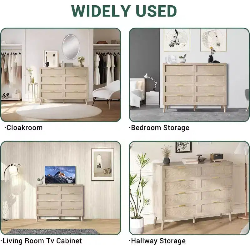 Cómoda de ratán de 8 cajones - Cofre de almacenamiento estilo casa de campo con tiradores dorados para dormitorio y sala de estar