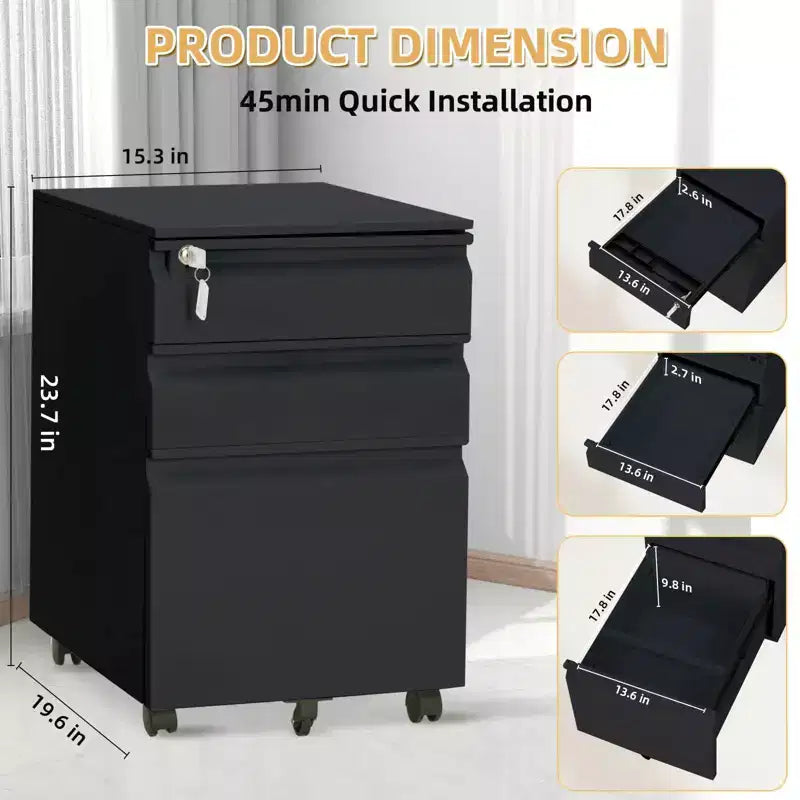 Archivador de 3 cajones con cerradura, archivador vertical de metal con ruedas, archivador móvil debajo del escritorio para la oficina en casa y sala de estudio