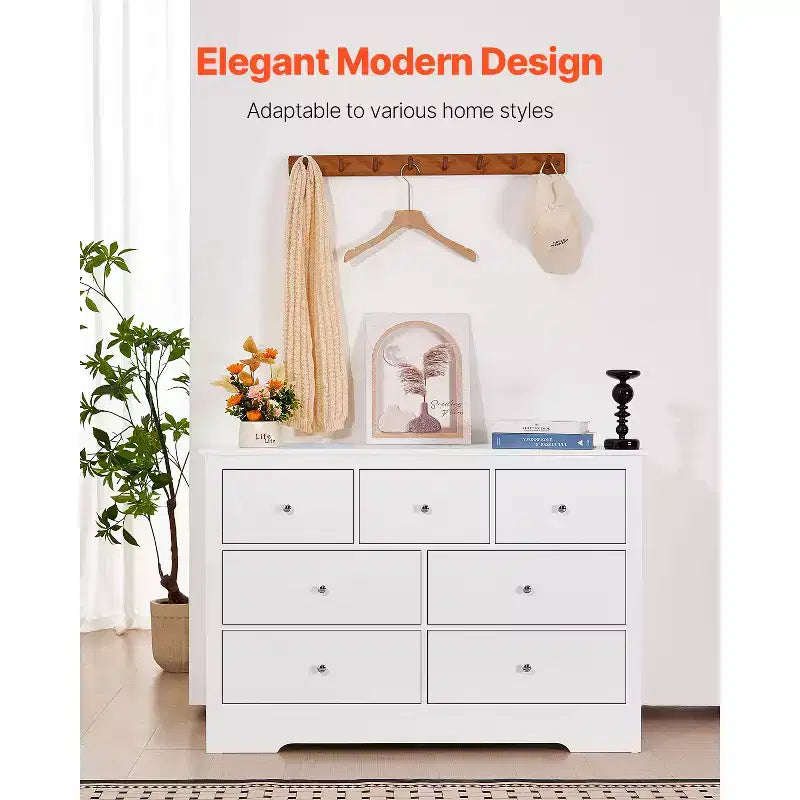 VEVOR Cajonera de 7 Cajones, Cómoda de Madera con Dispositivo Antivuelco Deslizante, Cómoda Moderna Minimalista, Blanca