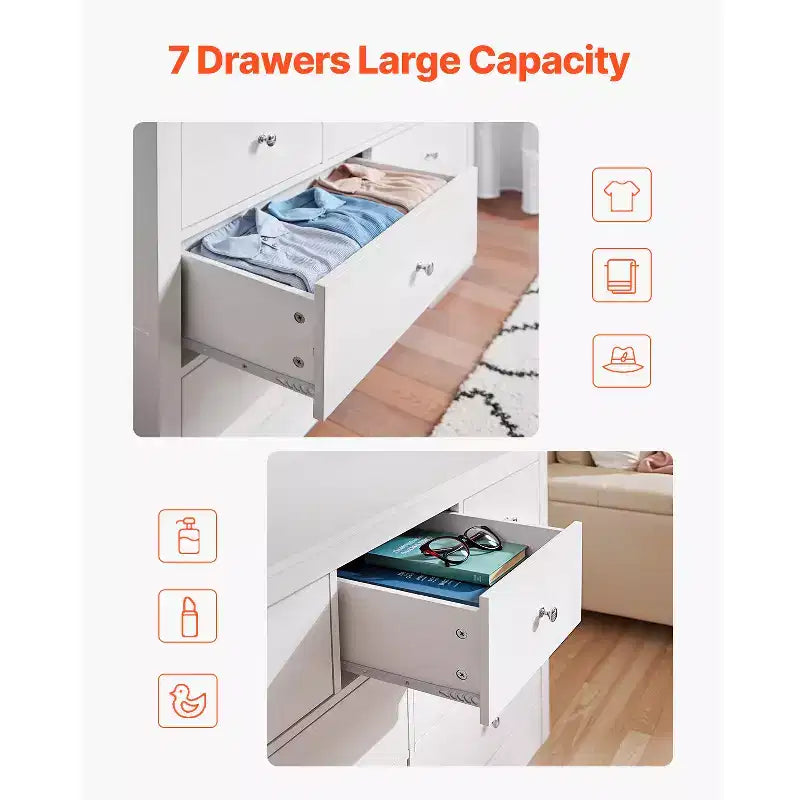 VEVOR Cajonera de 7 Cajones, Cómoda de Madera con Dispositivo Antivuelco Deslizante, Cómoda Moderna Minimalista, Blanca