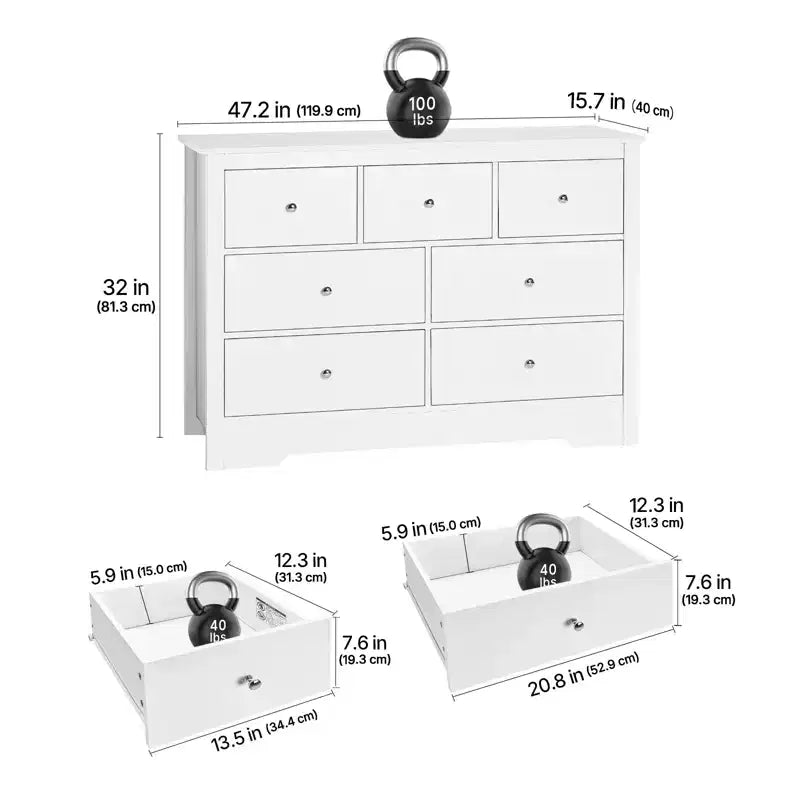 VEVOR Cajonera de 7 Cajones, Cómoda de Madera con Dispositivo Antivuelco Deslizante, Cómoda Moderna Minimalista, Blanca