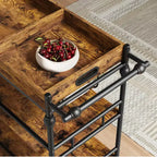 Carrito de bar rodante de 3 niveles con estante para vinos, carrito de servicio móvil con ruedas y bandeja extraíble, carrito de licores y bebidas, carrito de bebidas para microondas, marrón