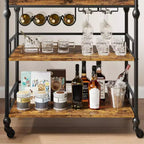 Carrito de bar rodante de 3 niveles con estante para vinos, carrito de servicio móvil con ruedas y bandeja extraíble, carrito de licores y bebidas, carrito de bebidas para microondas, marrón