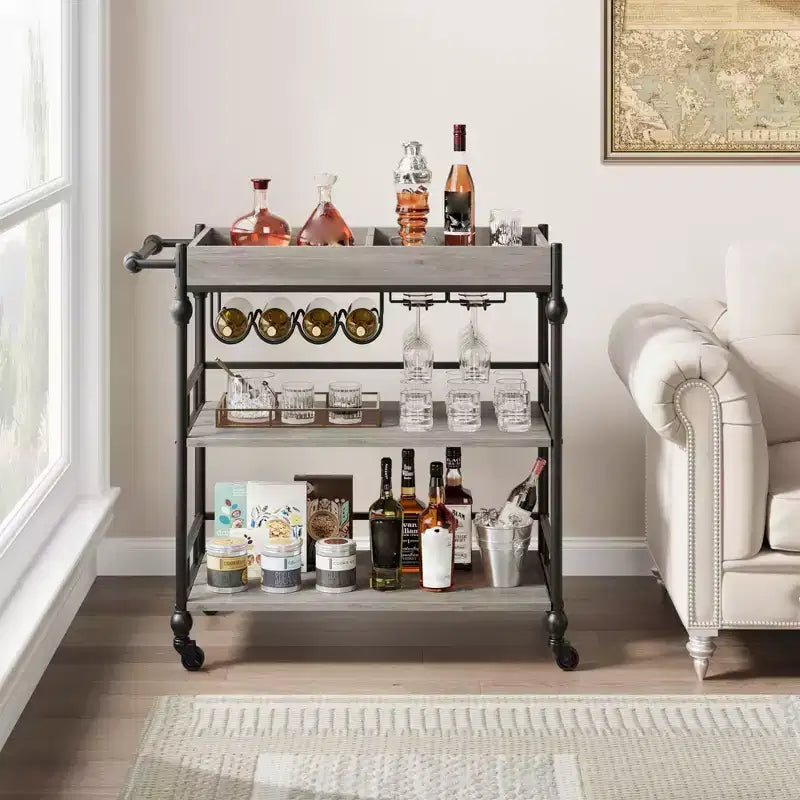 Carrito de bar rodante de 3 niveles con estante para vinos, carrito de servicio móvil con ruedas y bandeja extraíble, carrito de licores y bebidas, carrito de bebidas para microondas, marrón