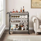 Carrito de bar rodante de 3 niveles con estante para vinos, carrito de servicio móvil con ruedas y bandeja extraíble, carrito de licores y bebidas, carrito de bebidas para microondas, marrón