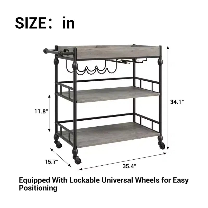 Carrito de bar rodante de 3 niveles con estante para vinos, carrito de servicio móvil con ruedas y bandeja extraíble, carrito de licores y bebidas, carrito de bebidas para microondas, marrón