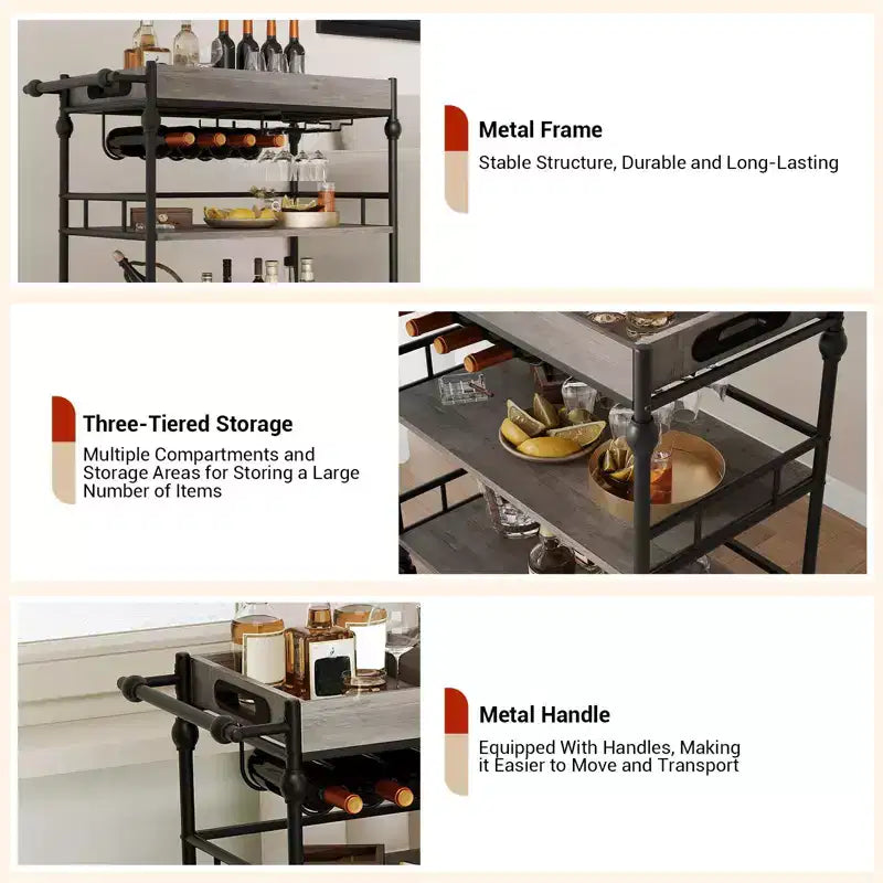 Carrito de bar rodante de 3 niveles con estante para vinos, carrito de servicio móvil con ruedas y bandeja extraíble, carrito de licores y bebidas, carrito de bebidas para microondas, marrón