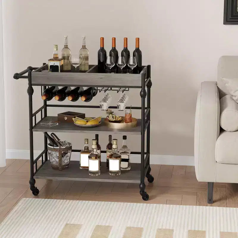 Carrito de bar rodante de 3 niveles con estante para vinos, carrito de servicio móvil con ruedas y bandeja extraíble, carrito de licores y bebidas, carrito de bebidas para microondas, marrón