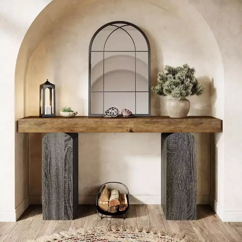 Mesa de entrada Lantine 63, mesa consola de madera con 2 patas de pedestal arqueadas, mesa de sofá detrás del sofá para pasillo, sala de estar