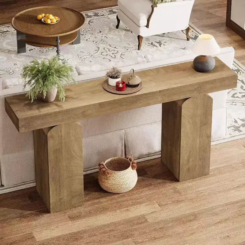 Mesa de entrada Lantine 63, mesa consola de madera con 2 patas de pedestal arqueadas, mesa de sofá detrás del sofá para pasillo, sala de estar