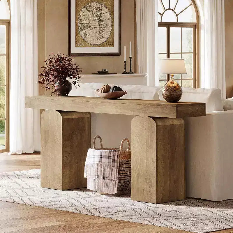 Mesa de entrada Lantine 63, mesa consola de madera con 2 patas de pedestal arqueadas, mesa de sofá detrás del sofá para pasillo, sala de estar