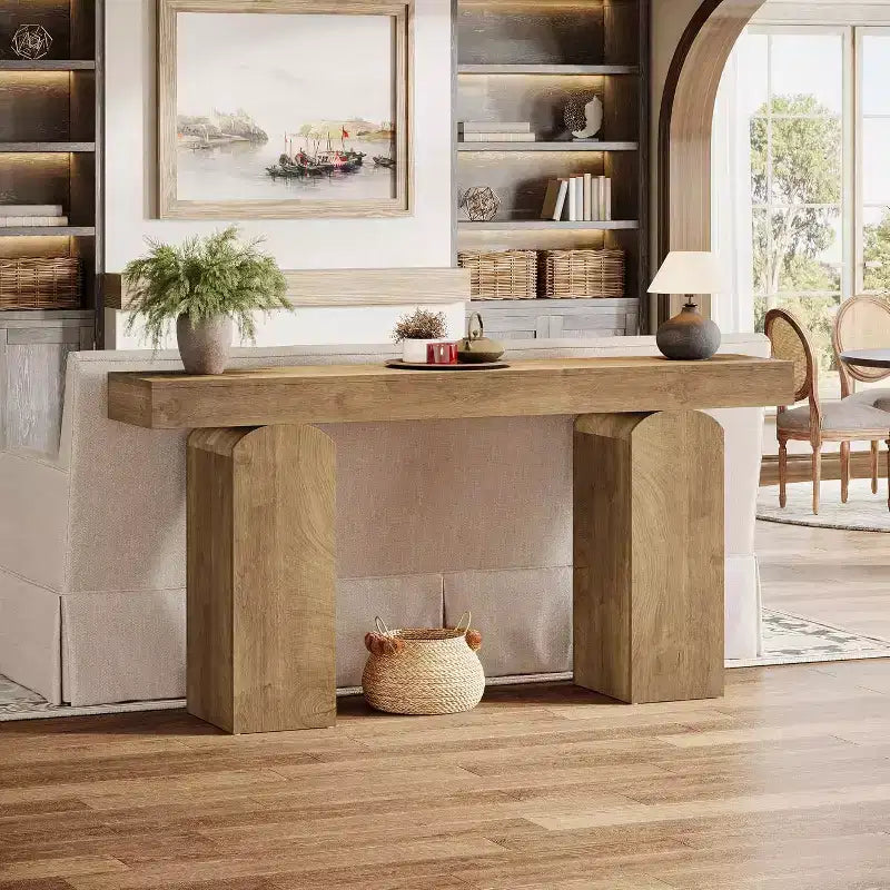 Mesa de entrada Lantine 63, mesa consola de madera con 2 patas de pedestal arqueadas, mesa de sofá detrás del sofá para pasillo, sala de estar