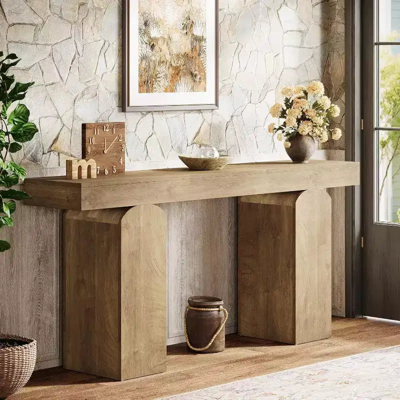 Mesa de entrada Lantine 63, mesa consola de madera con 2 patas de pedestal arqueadas, mesa de sofá detrás del sofá para pasillo, sala de estar