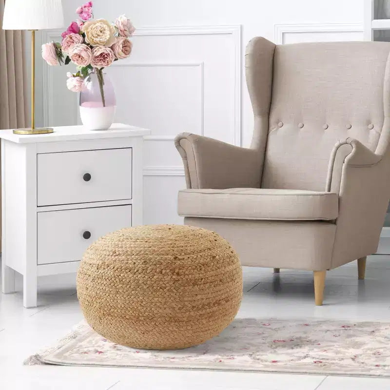 Puf otomano de yute trenzado a mano, reposapiés redondo de 48 cm de diámetro x 26,5 cm de alto, taburete tejido natural, decoración bohemia para sala de estar, dormitorio