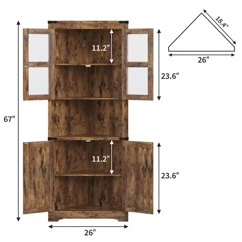 Armario esquinero alto de 67 pulgadas con luces, vitrina esquinera estilo rústico con puertas de vidrio, organizador de almacenamiento de madera para sala de estar