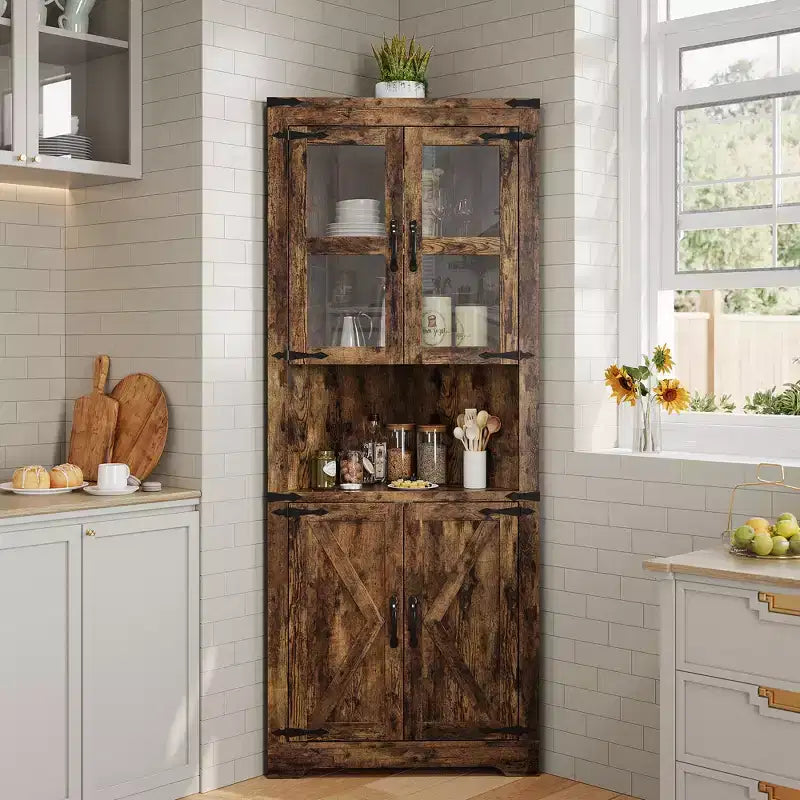 Armario esquinero alto de 67 pulgadas con luces, vitrina esquinera estilo rústico con puertas de vidrio, organizador de almacenamiento de madera para sala de estar
