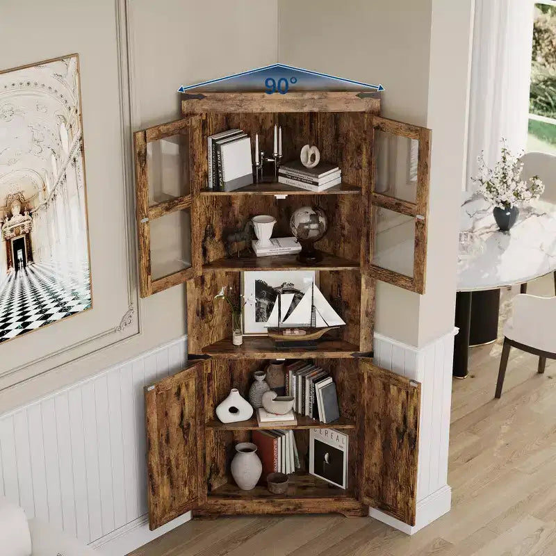 Armario esquinero alto de 67 pulgadas con luces, vitrina esquinera estilo rústico con puertas de vidrio, organizador de almacenamiento de madera para sala de estar