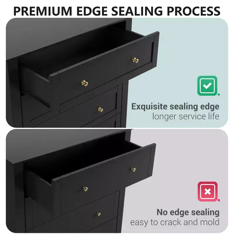 Cómoda de 5 cajones para dormitorio, cómoda alta de madera negra con cajones de almacenamiento profundos y tiradores de metal, cómoda moderna para dormitorio o entrada