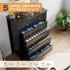 Cómoda de 5 cajones para dormitorio, cómoda alta de madera negra con cajones de almacenamiento profundos y tiradores de metal, cómoda moderna para dormitorio o entrada
