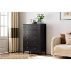 Cómoda de 5 cajones para dormitorio, cómoda alta de madera negra con cajones de almacenamiento profundos y tiradores de metal, cómoda moderna para dormitorio o entrada