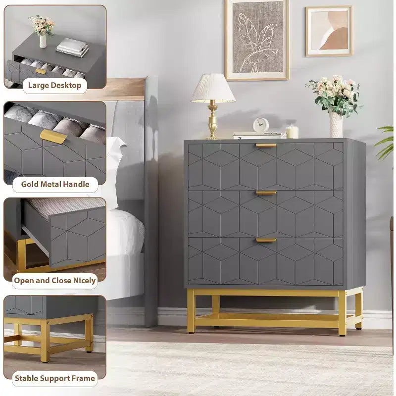 Cómoda para dormitorio, cómoda de 3 cajones con patas de metal, organizador de cajones moderno con amplio espacio de almacenamiento, cómoda para dormitorio, sala de estar