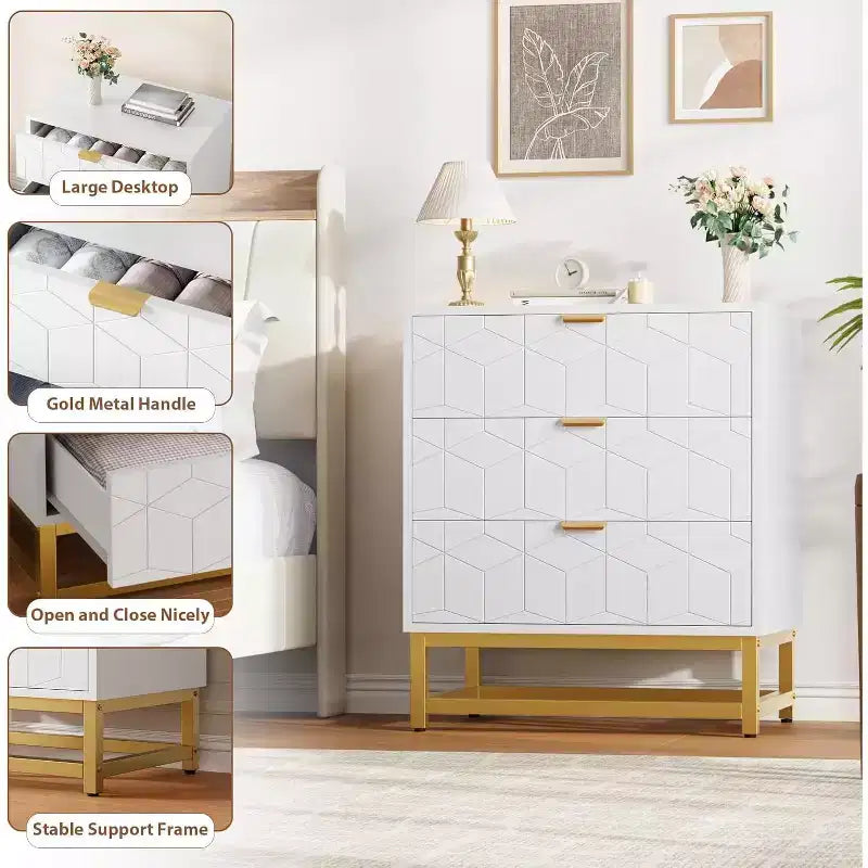 Cómoda para dormitorio, cómoda de 3 cajones con patas de metal, organizador de cajones moderno con amplio espacio de almacenamiento, cómoda para dormitorio, sala de estar