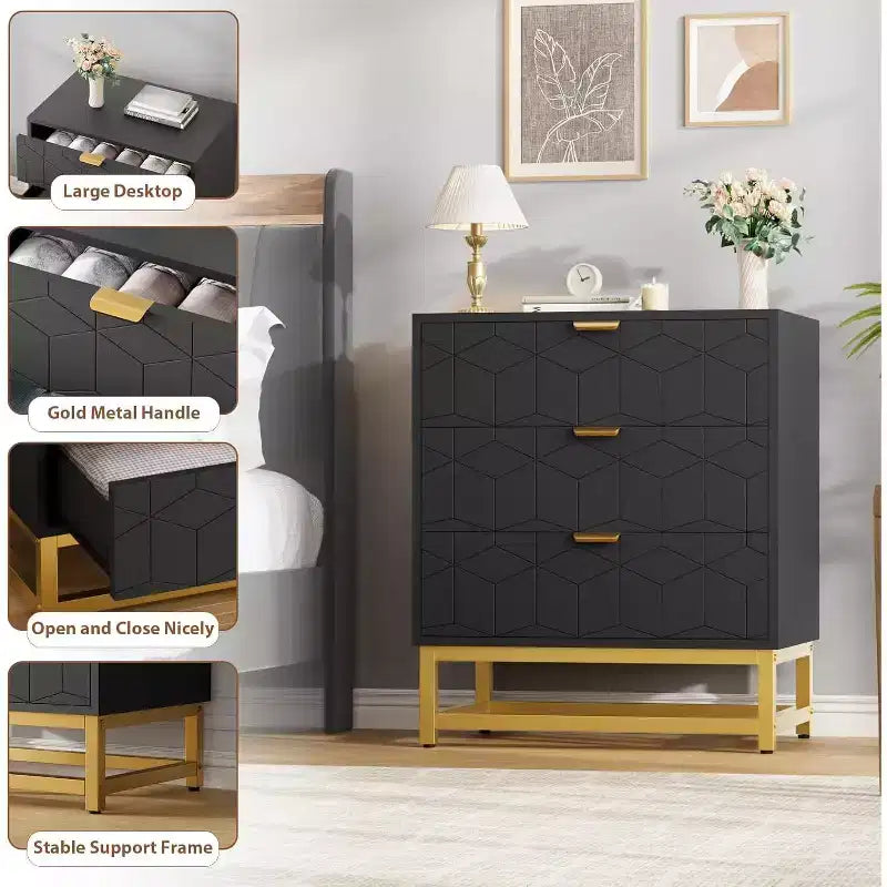 Cómoda para dormitorio, cómoda de 3 cajones con patas de metal, organizador de cajones moderno con amplio espacio de almacenamiento, cómoda para dormitorio, sala de estar