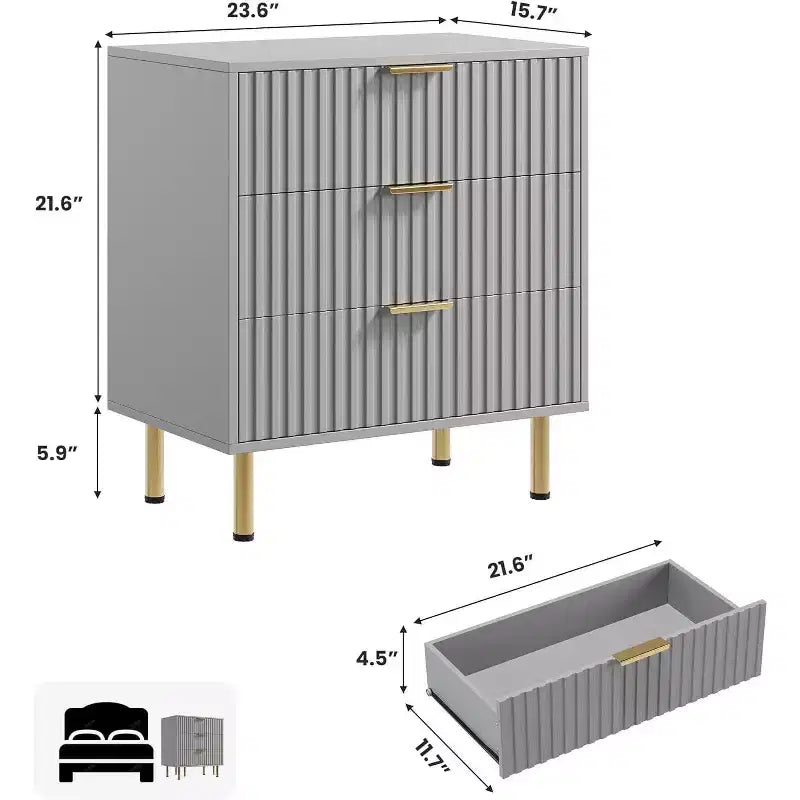 Cómoda de 3 cajones Coolmee para dormitorio, mesita de noche moderna estriada con cajones profundos, cómoda con parte superior ancha, organizador de cómoda de madera, mesa auxiliar