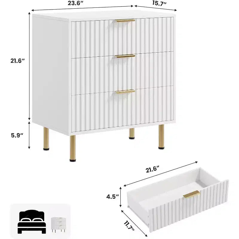 Cómoda de 3 cajones Coolmee para dormitorio, mesita de noche moderna estriada con cajones profundos, cómoda con parte superior ancha, organizador de cómoda de madera, mesa auxiliar